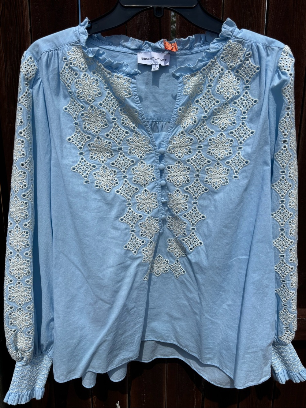 Gibson Latimer Sky Blue Crochet-Trim Peasant Top